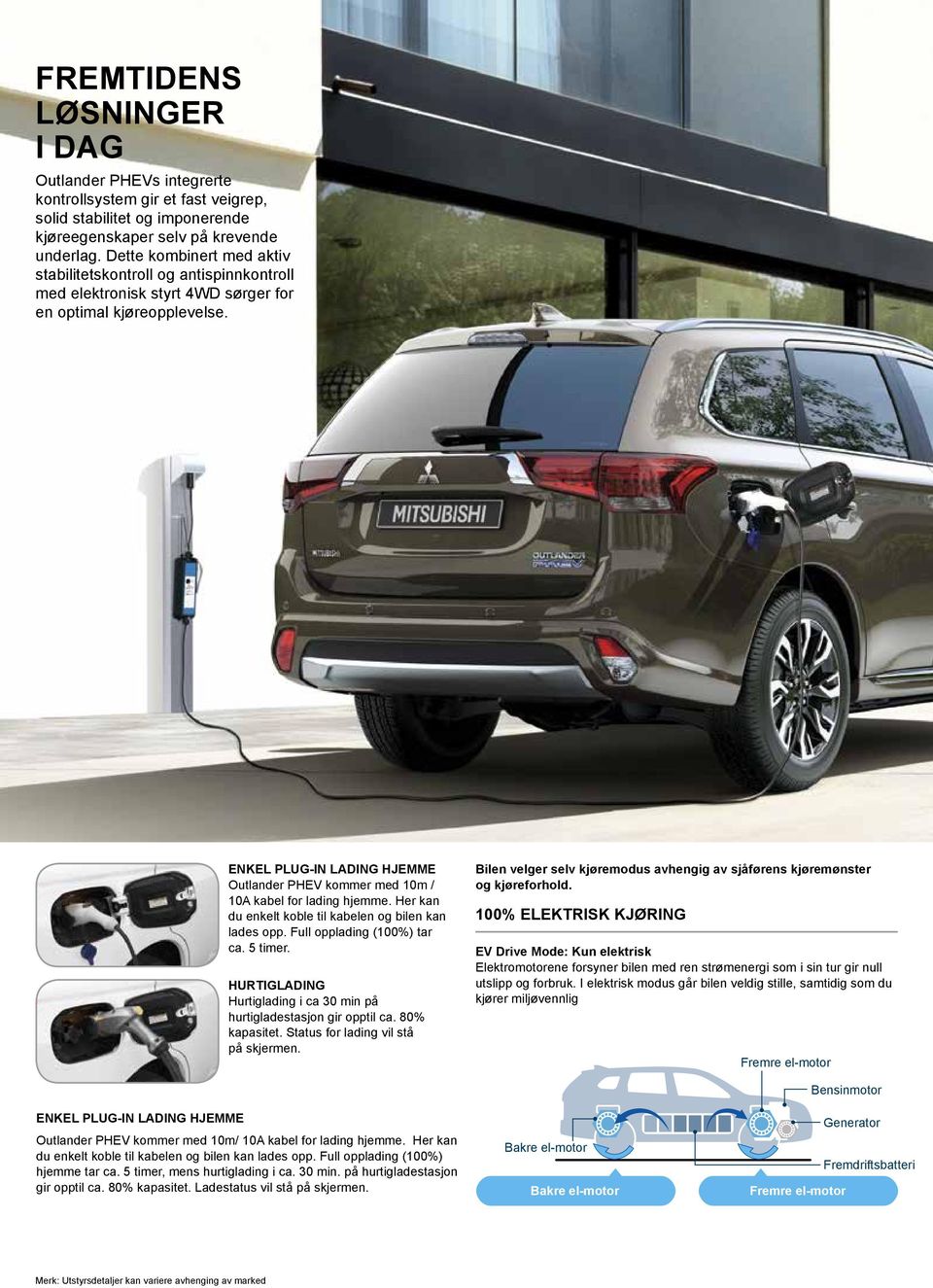 ENKEL PLUG-IN LADING HJEMME Outlander PHEV kommer med 10m / 10A kabel for ladin hjemme. Her kan du enkelt koble til kabelen o bilen kan lades opp. Full oppladin (100%) tar ca. 5 timer.