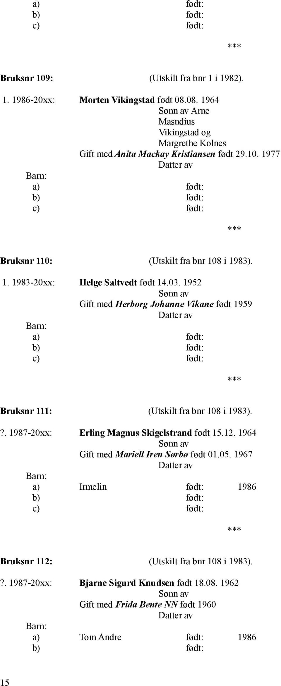 03. 1952 Gift med Herborg Johanne Vikane født 1959 Bruksnr 111: (Utskilt fra bnr 108 i 1983).?. 1987-20xx: Erling Magnus Skigelstrand født 15.12.