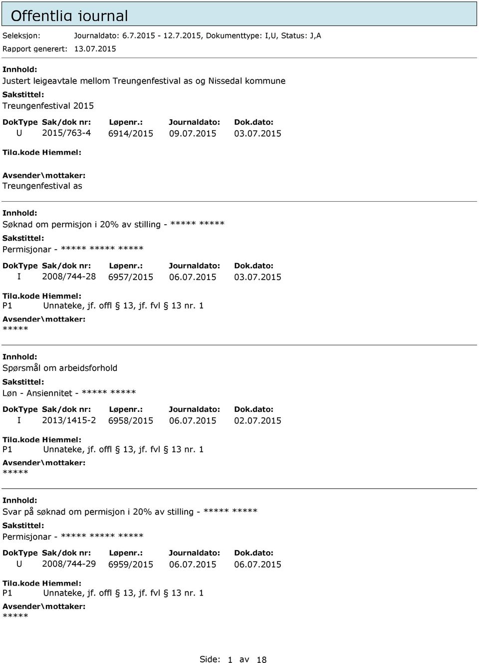 2015 Treungenfestival as Søknad om permisjon i 20% av stilling - Permisjonar - 2008/744-28 6957/2015 03.07.2015 P1 nnateke, jf. offl 13, jf. fvl 13 nr.