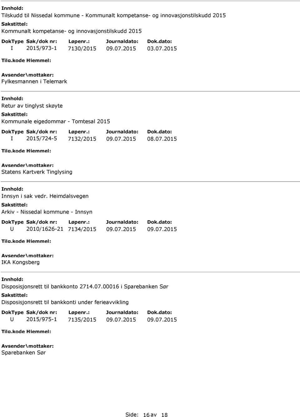 2015 Fylkesmannen i Telemark Retur av tinglyst skøyte Kommunale eigedommar - Tomtesal 2015 2015/724-5 7132/2015 Statens Kartverk Tinglysing