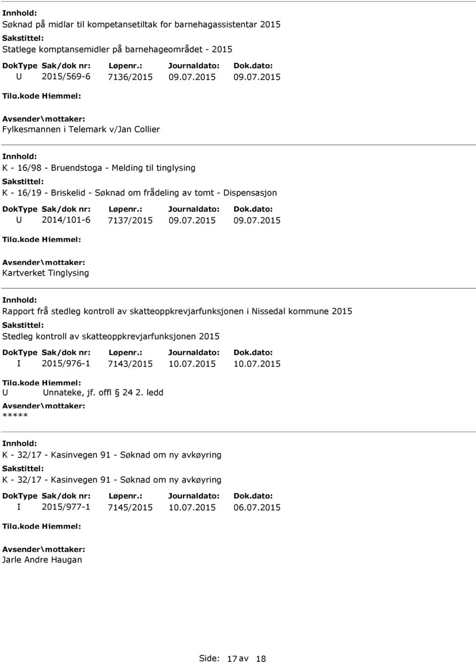 stedleg kontroll av skatteoppkrevjarfunksjonen i Nissedal kommune 2015 Stedleg kontroll av skatteoppkrevjarfunksjonen 2015 2015/976-1 7143/2015 nnateke, jf. offl 24 2. ledd 10.