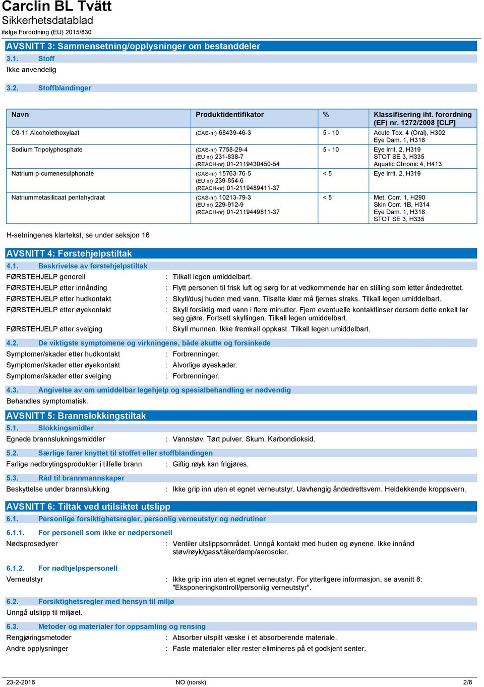 1, H318 Sodium Tripolyphosphate (CAS-nr) 7758-29-4 (EU nr) 231-838-7 (REACH-nr) 01-2119430450-54 Natrium-p-cumenesulphonate (CAS-nr) 15763-76-5 (EU nr) 239-854-6 (REACH-nr) 01-2119489411-37