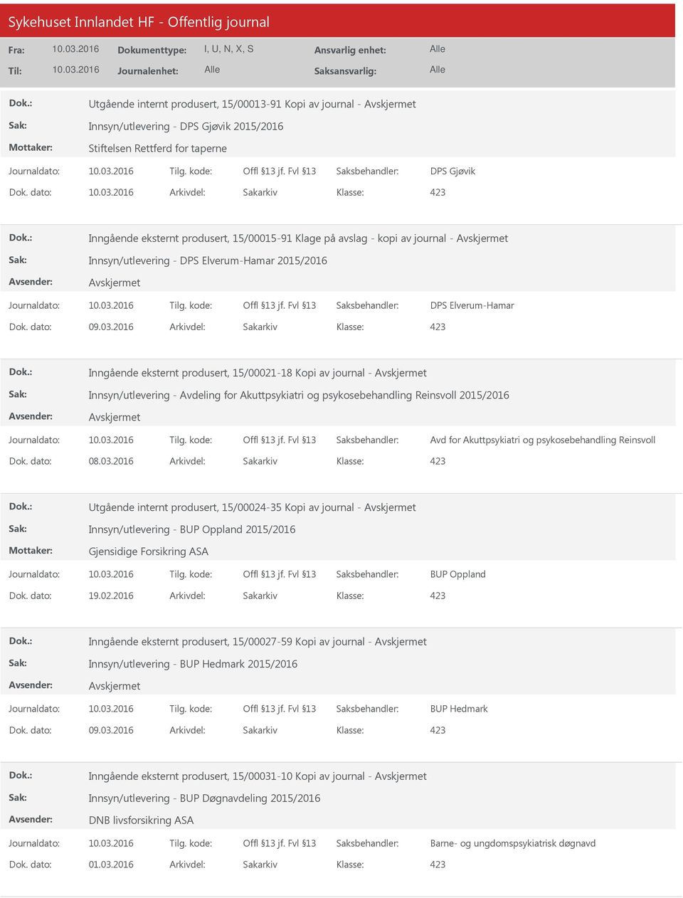 15/00021-18 Kopi av journal - Innsyn/utlevering - Avdeling for Akuttpsykiatri og psykosebehandling Reinsvoll 2015/2016 Avd for Akuttpsykiatri og psykosebehandling Reinsvoll tgående internt produsert,