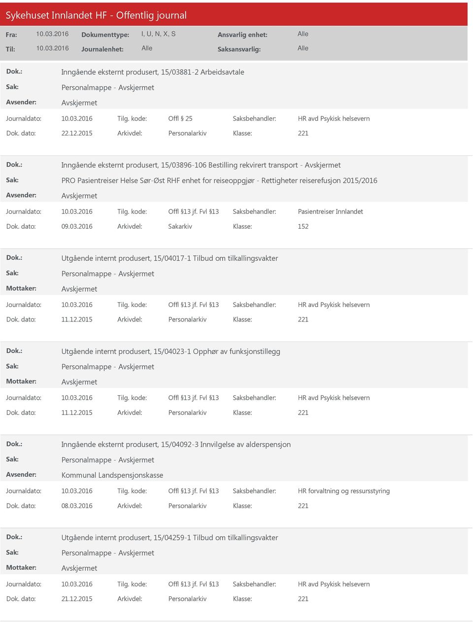 2015/2016 Pasientreiser Innlandet 152 tgående internt produsert, 15/04017-1 Tilbud om tilkallingsvakter Personalmappe - Dok. dato: 11.12.