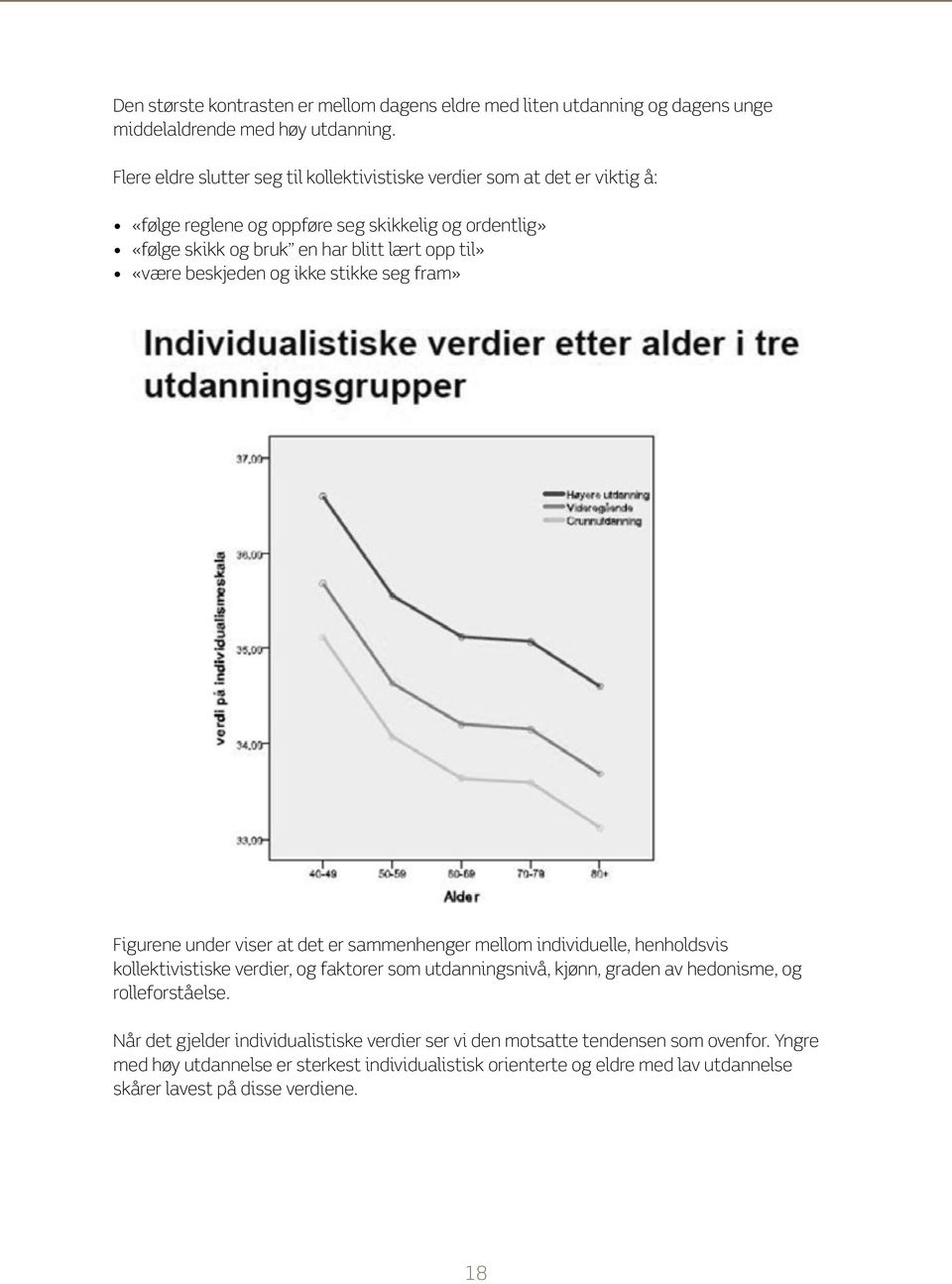 «være beskjeden og ikke stikke seg fram» Figurene under viser at det er sammenhenger mellom individuelle, henholdsvis kollektivistiske verdier, og faktorer som utdanningsnivå, kjønn,