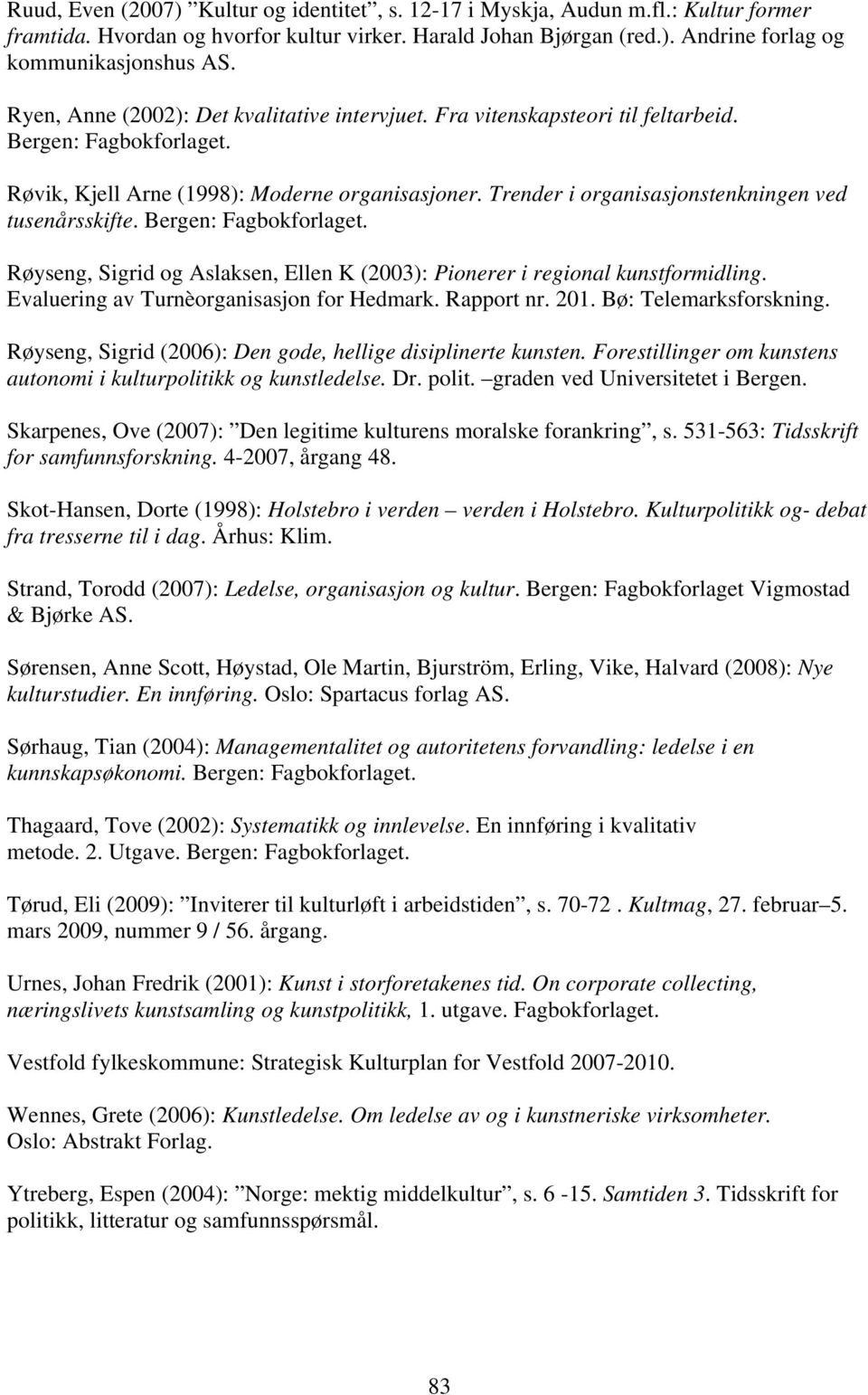 Trender i organisasjonstenkningen ved tusenårsskifte. Bergen: Fagbokforlaget. Røyseng, Sigrid og Aslaksen, Ellen K (2003): Pionerer i regional kunstformidling.