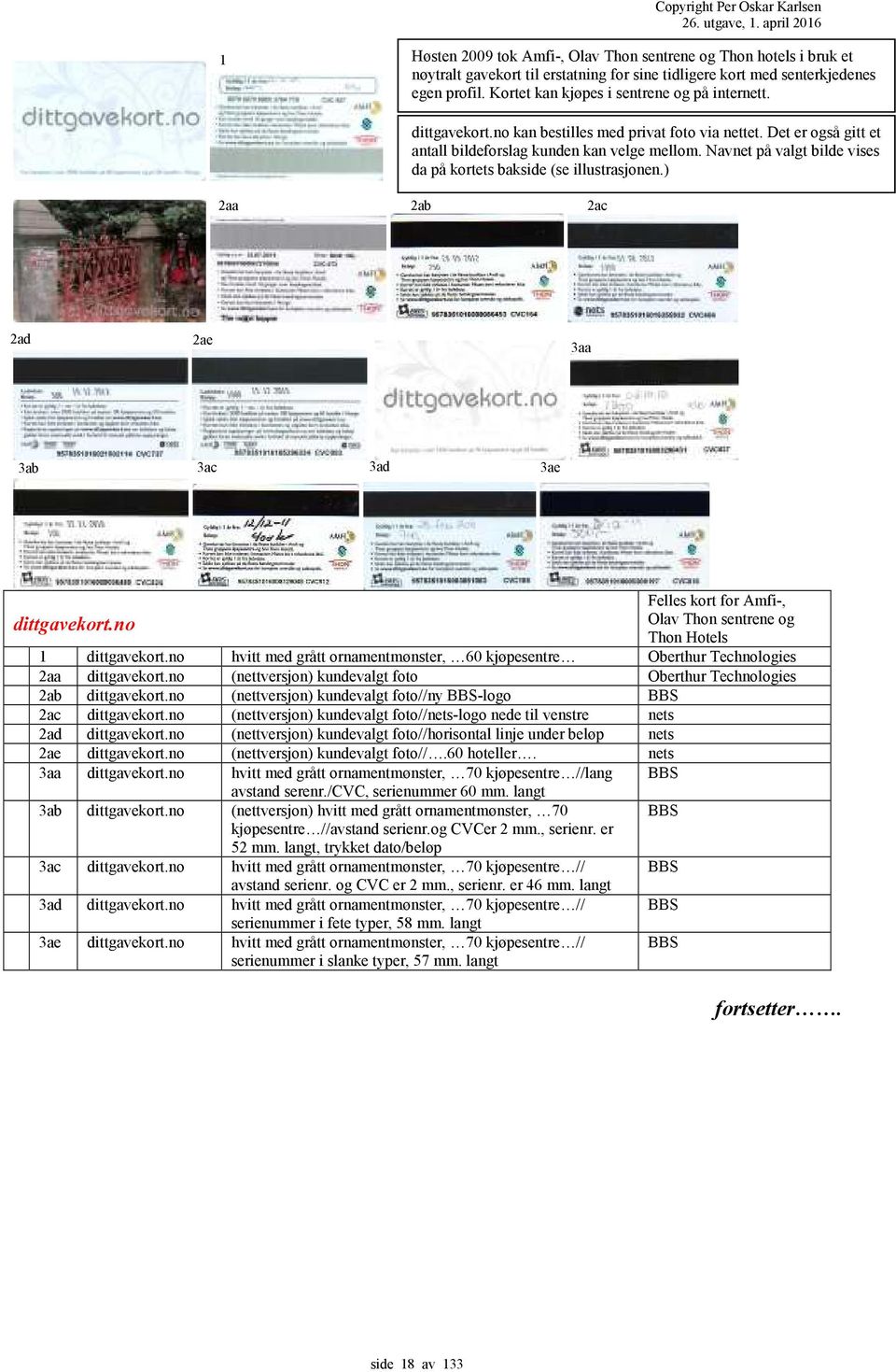 Navnet på valgt bilde vises da på kortets bakside (se illustrasjonen.) 2aa 2ab 2ac 2ad 2ae 3aa 3ab 3ac 3ad 3ae Felles kort for Amfi-, Olav Thon sentrene og Thon Hotels dittgavekort.
