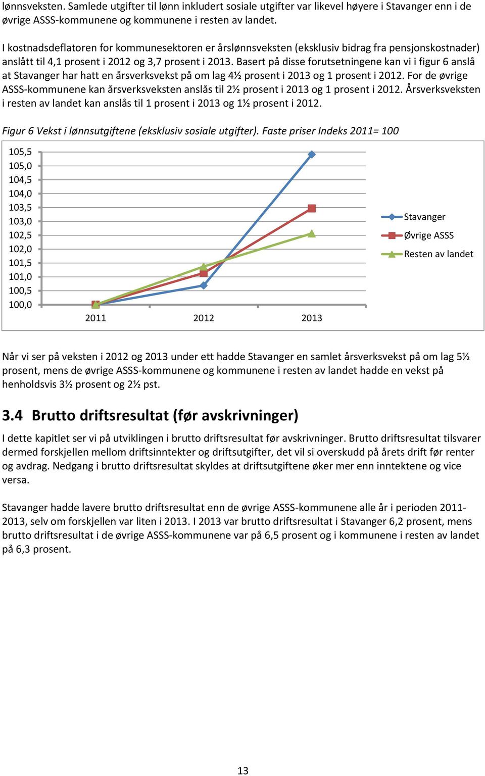 Basert på disse forutsetningene kan vi i figur 6 anslå at Stavanger har hatt en årsverksvekst på om lag 4½ prosent i 2013 og 1 prosent i 2012.