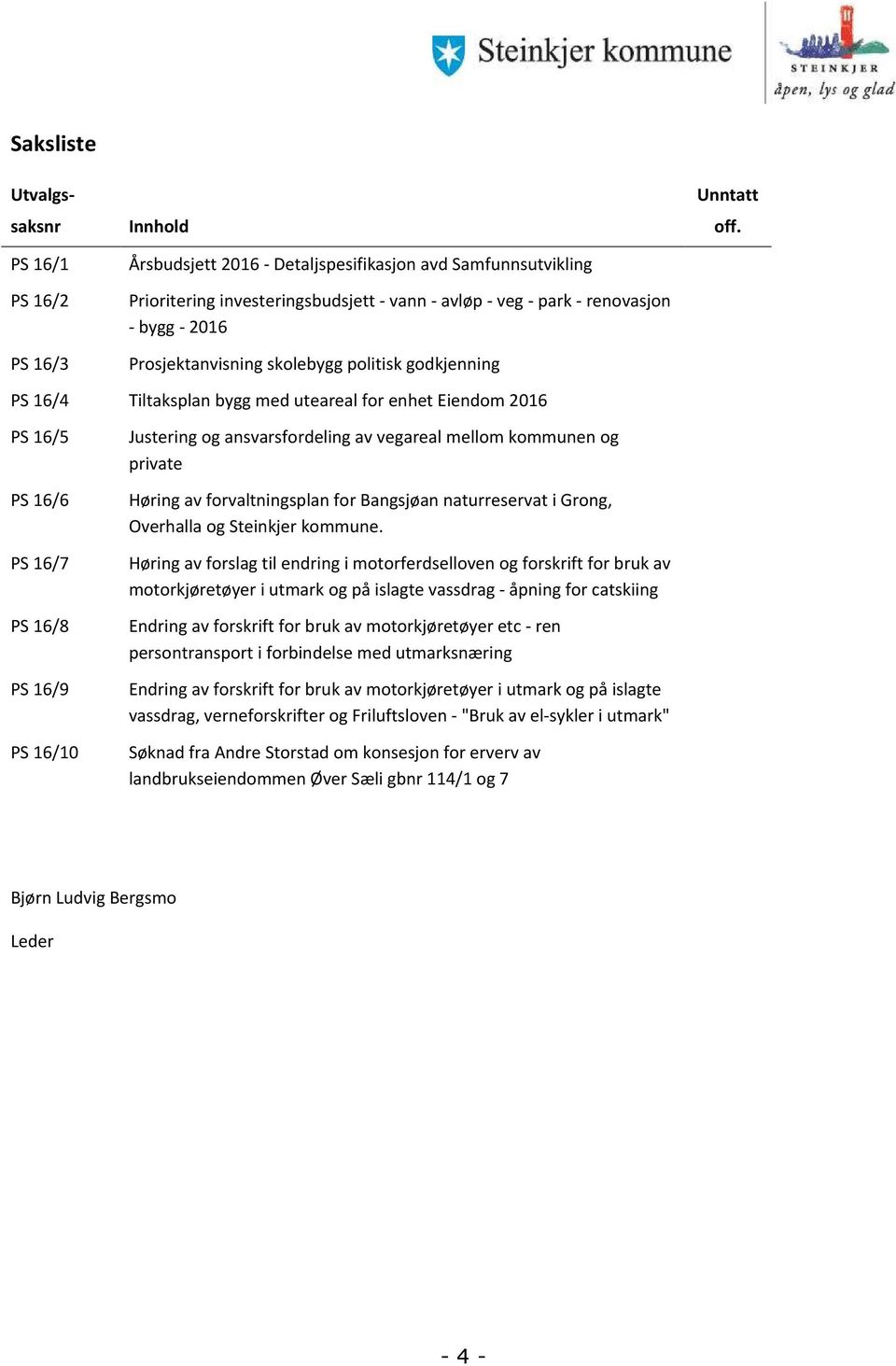 PS 16/4 Tiltaksplan bygg med uteareal for enhet Eiendom 2016 PS 16/5 PS 16/6 PS 16/7 PS 16/8 PS 16/9 PS 16/10 Justering og ansvarsfordeling av vegareal mellom kommunen og private Høring av