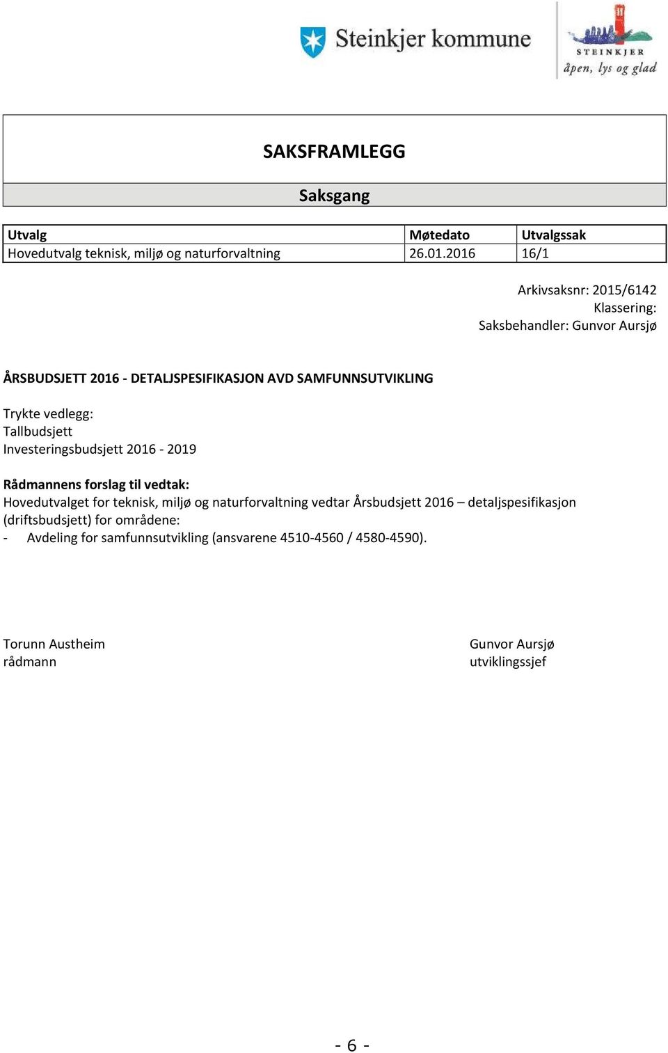vedlegg: Tallbudsjett Investeringsbudsjett 2016-2019 Rådmannens forslag til vedtak: Hovedutvalget for teknisk, miljø og naturforvaltning vedtar