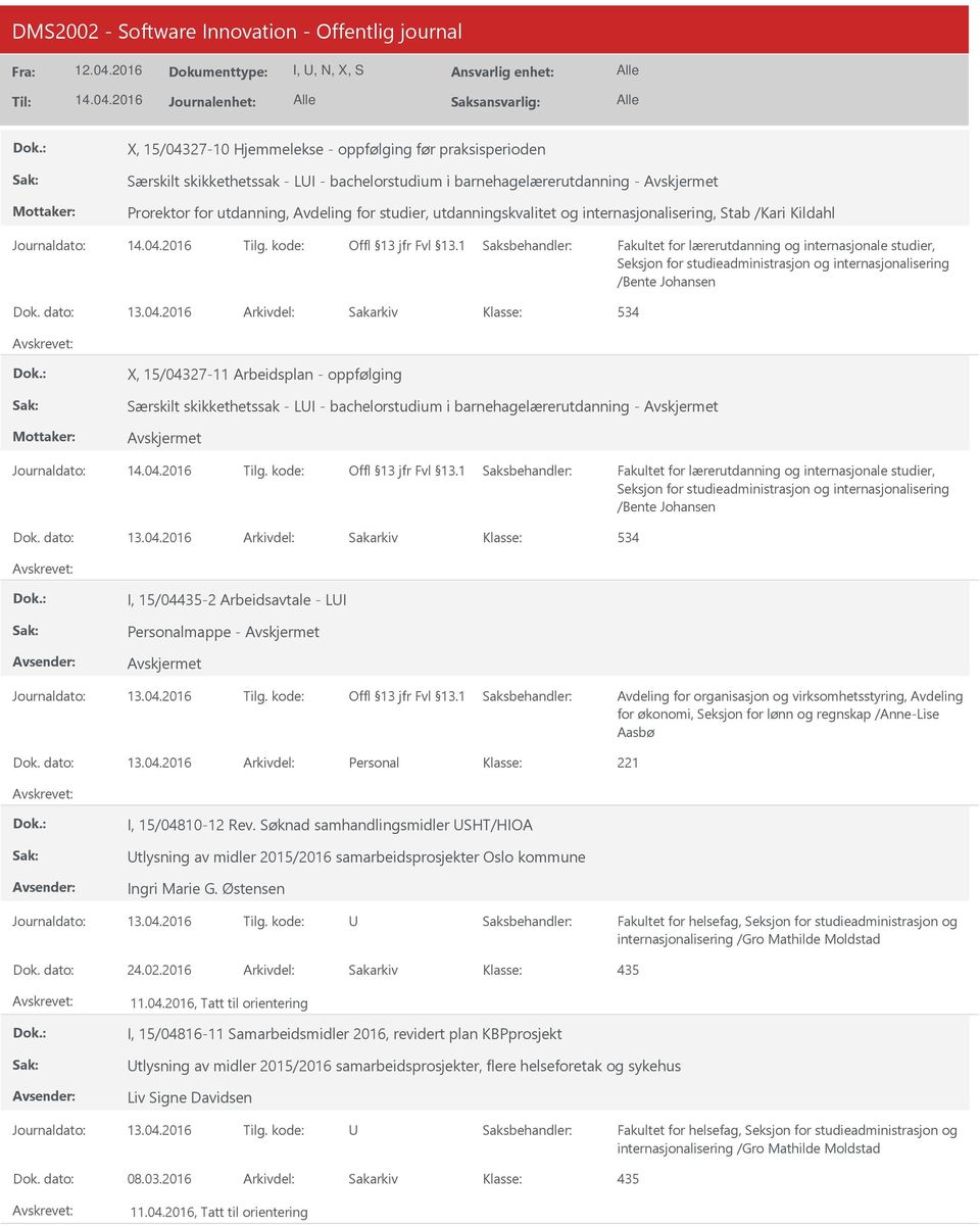 2016 534 X, 15/04327-11 Arbeidsplan - oppfølging Særskilt skikkethetssak - LI - bachelorstudium i barnehagelærerutdanning - Seksjon for studieadministrasjon og internasjonalisering /Bente Johansen 13.