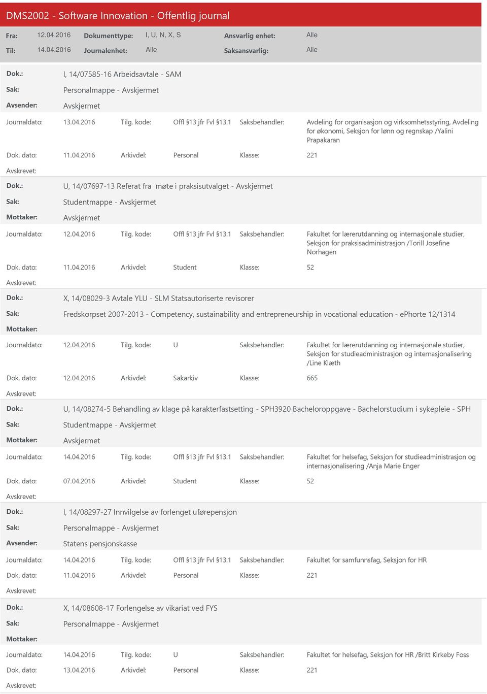 2016 Student X, 14/08029-3 Avtale YL - SLM Statsautoriserte revisorer Fredskorpset 2007-2013 - Competency, sustainability and entrepreneurship in vocational education - ephorte 12/1314 Seksjon for