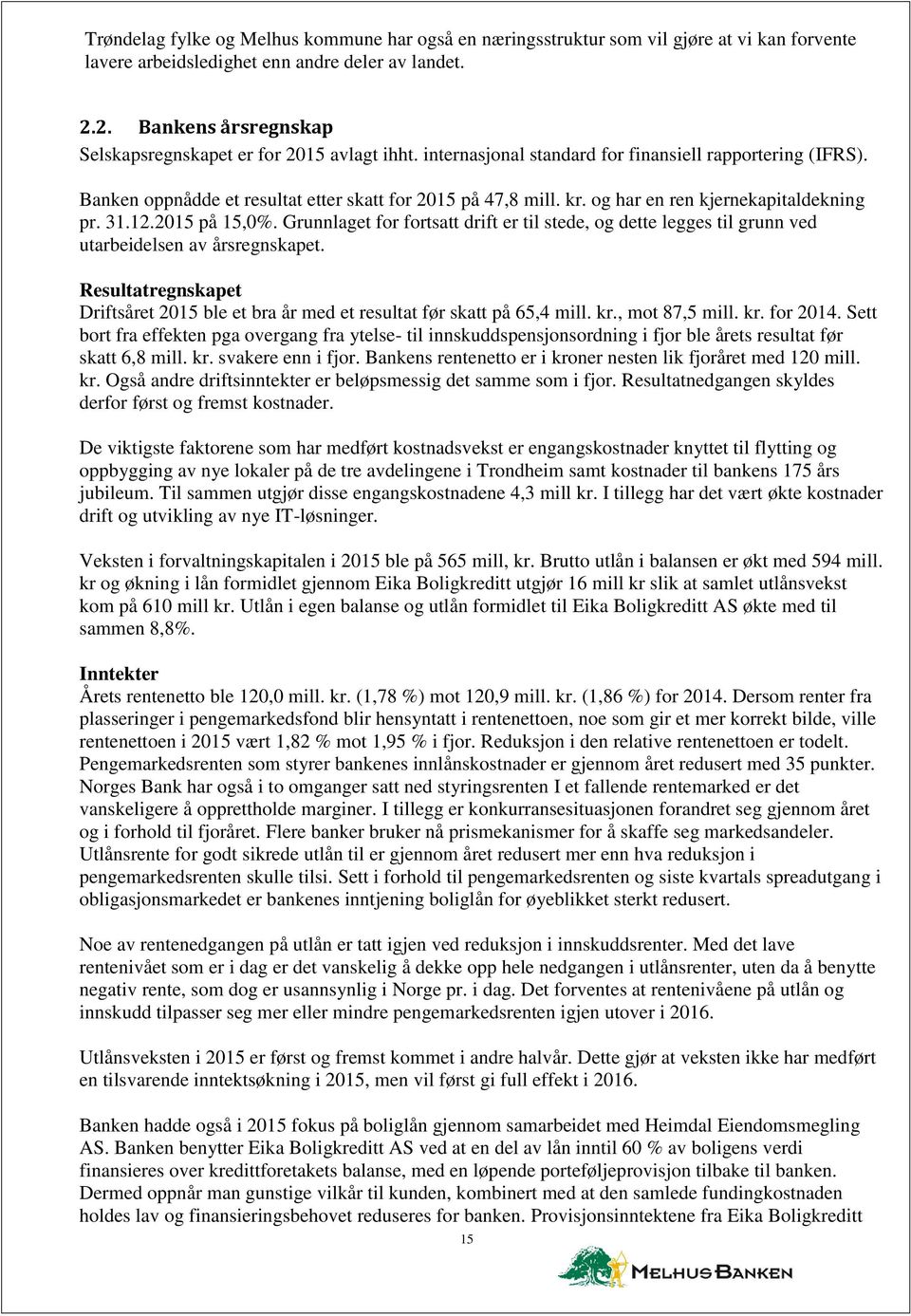 og har en ren kjernekapitaldekning pr. 31.12.2015 på 15,0%. Grunnlaget for fortsatt drift er til stede, og dette legges til grunn ved utarbeidelsen av årsregnskapet.