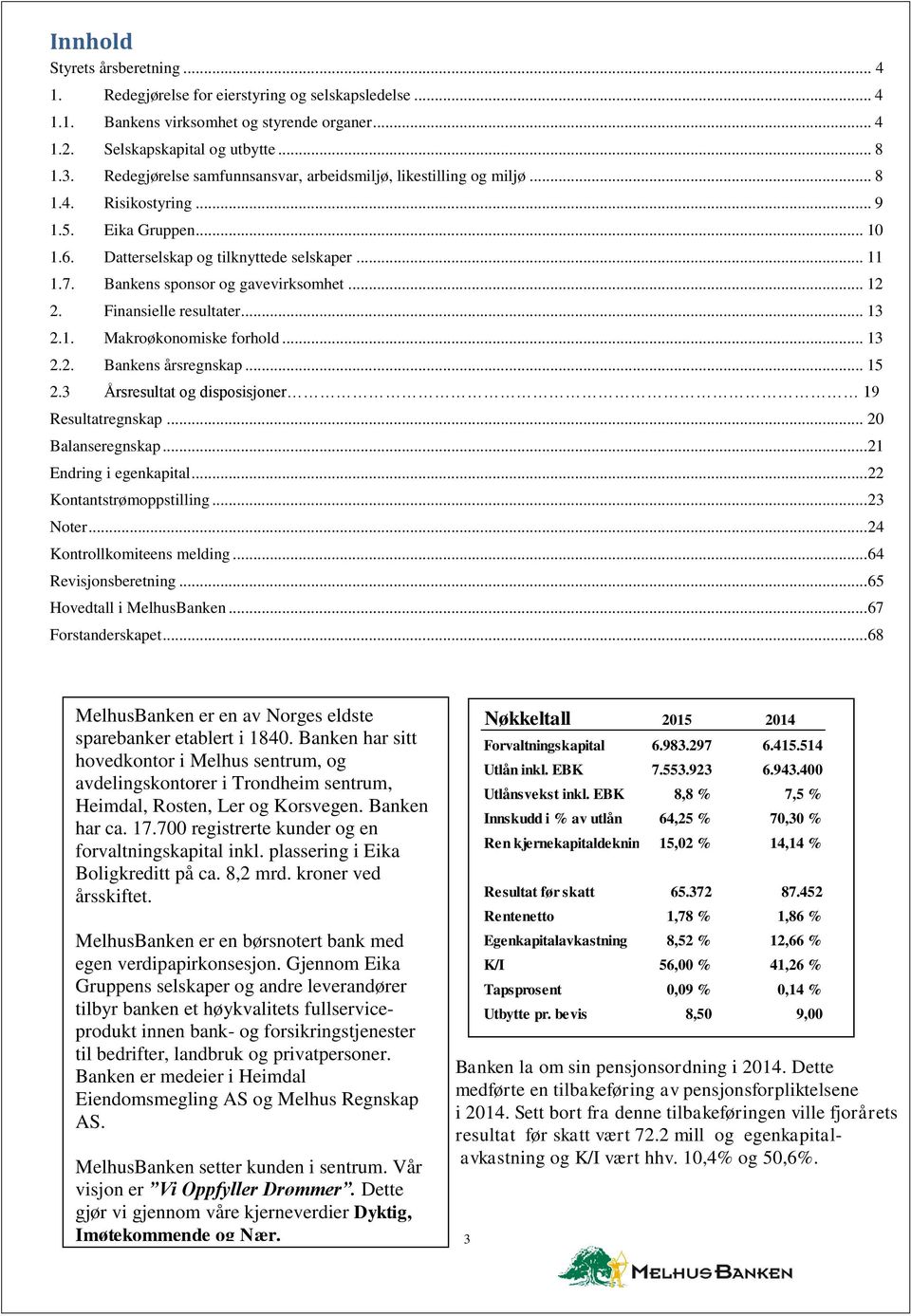 Bankens sponsor og gavevirksomhet... 12 2. Finansielle resultater... 13 2.1. Makroøkonomiske forhold... 13 2.2. Bankens årsregnskap... 15 2.3 Årsresultat og disposisjoner 19 Resultatregnskap.