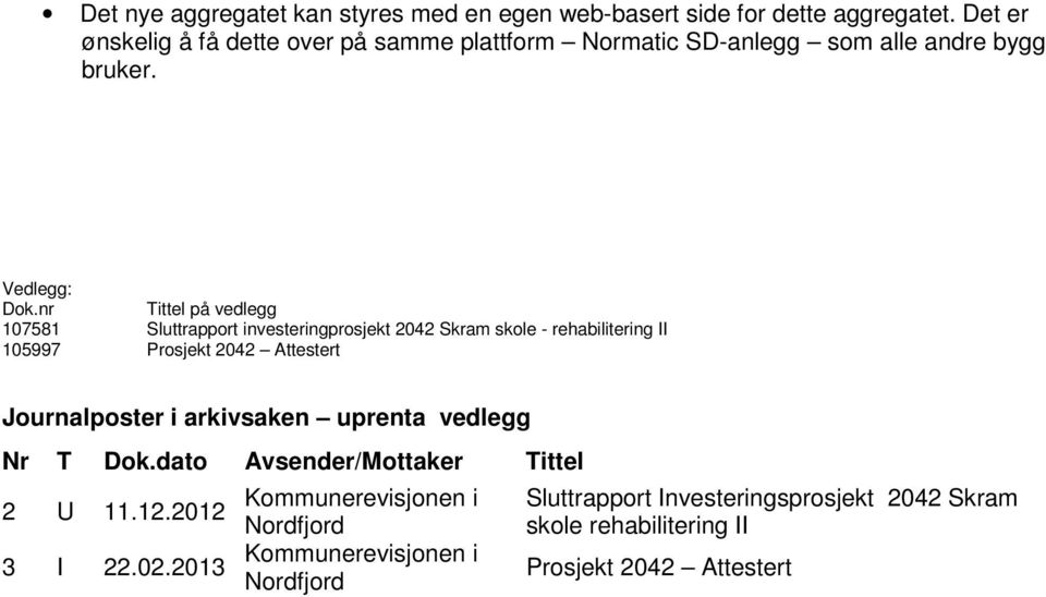 nr Tittel på vedlegg 107581 Sluttrapport investeringprosjekt 2042 Skram skole - rehabilitering II 105997 Prosjekt 2042 Attestert Journalposter i