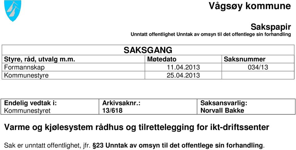 : 13/618 Saksansvarlig: Norvall Bakke Varme og kjølesystem rådhus og tilrettelegging for ikt-driftssenter Sak