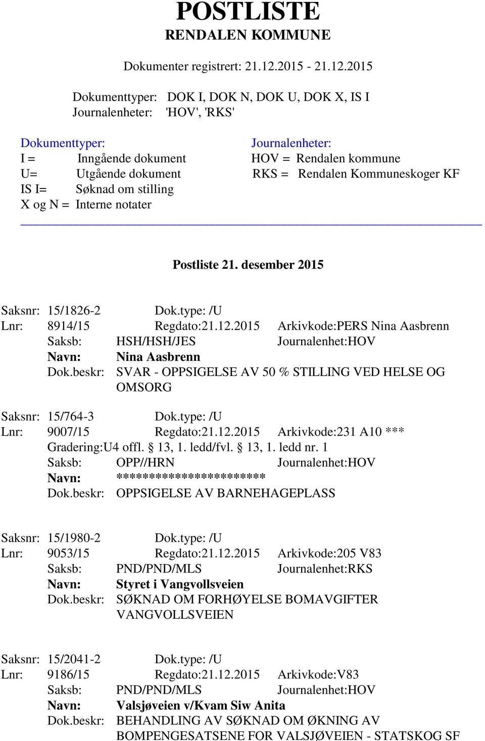 2015 Arkivkode:231 A10 *** Saksb: OPP//HRN Journalenhet:HOV Navn: *********************** Dok.beskr: OPPSIGELSE AV BARNEHAGEPLASS Saksnr: 15/1980-2 Dok.type: /U Lnr: 9053/15 Regdato:21.12.