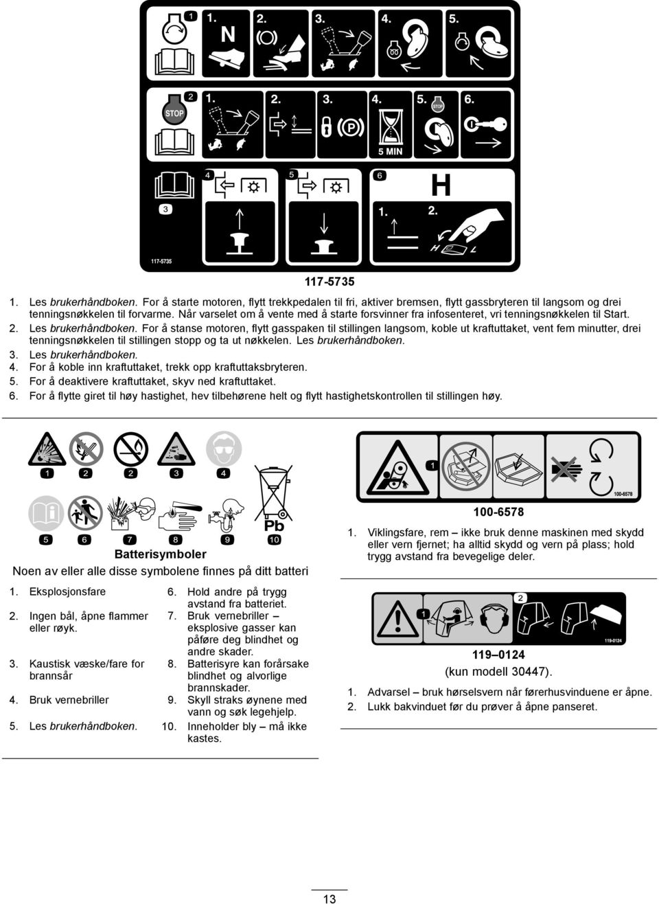 For å stanse motoren, flytt gasspaken til stillingen langsom, koble ut kraftuttaket, vent fem minutter, drei tenningsnøkkelen til stillingen stopp og ta ut nøkkelen. Les brukerhåndboken. 3.