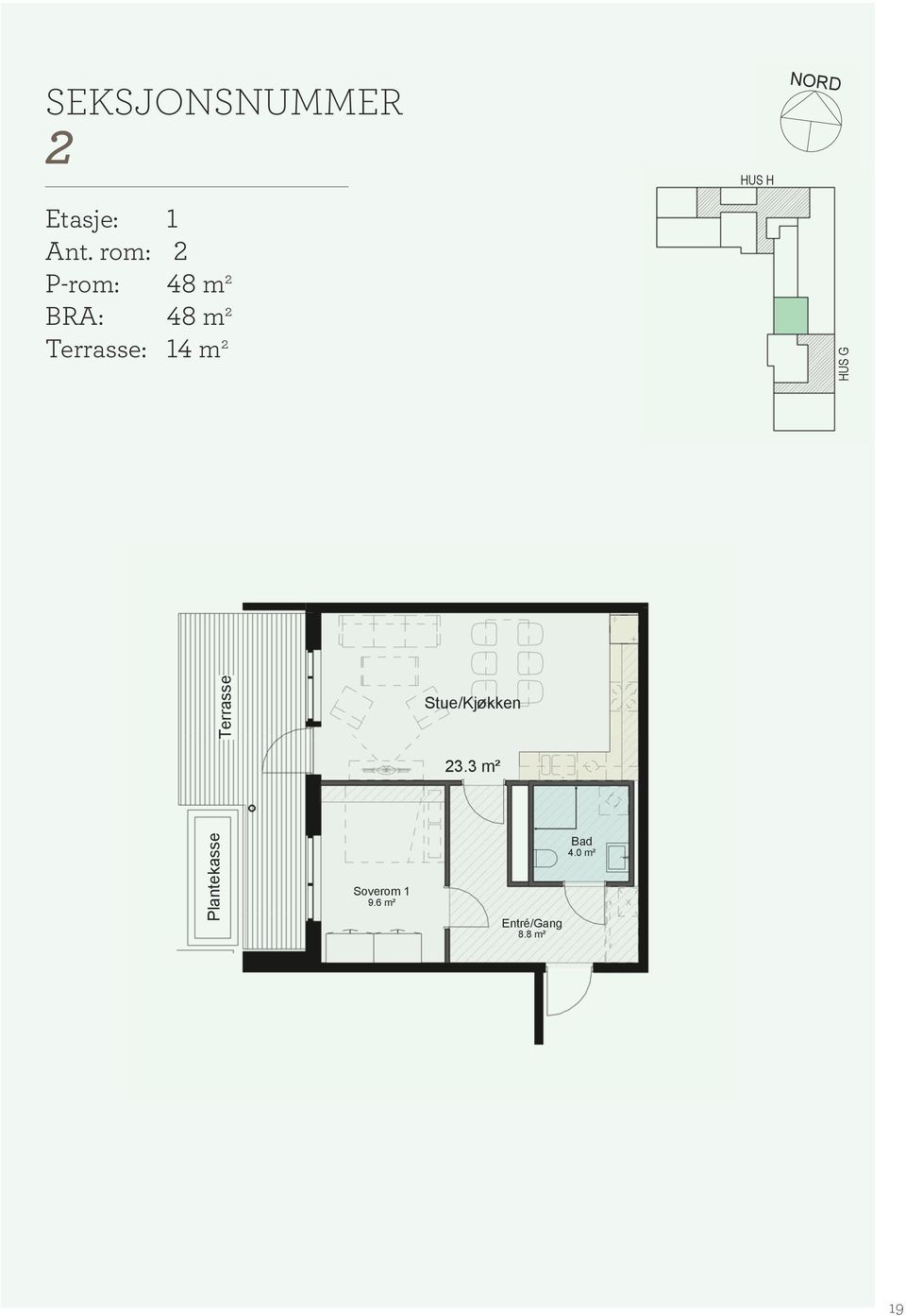 TERRASSE: 48 m 14 m Terrasse 3.3 m² Plantekasse Terrasse 9.6 m² 3.3 m² 8.8 m² 4.0 m² Plantekasse 9.6 m² 8.8 m² 4.0 m² SEKSJ.