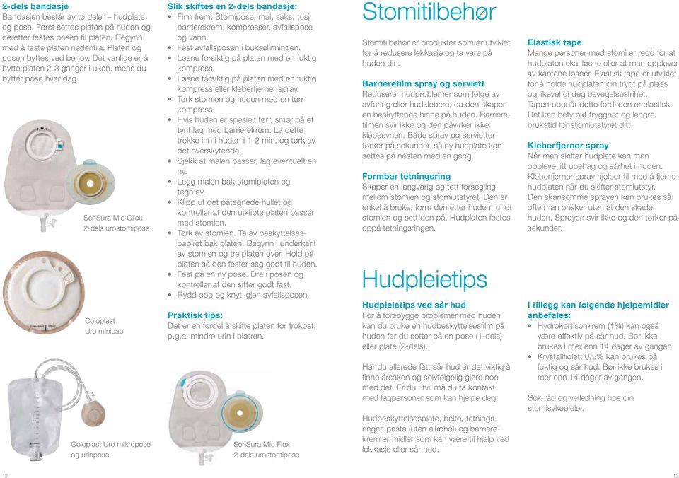 SenSura Mio Click 2-dels urostomipose Coloplast Uro minicap Coloplast Uro mikropose og urinpose Slik skiftes en 2-dels bandasje: Finn frem: Stomipose, mal, saks, tusj, barrierekrem, kompresser,