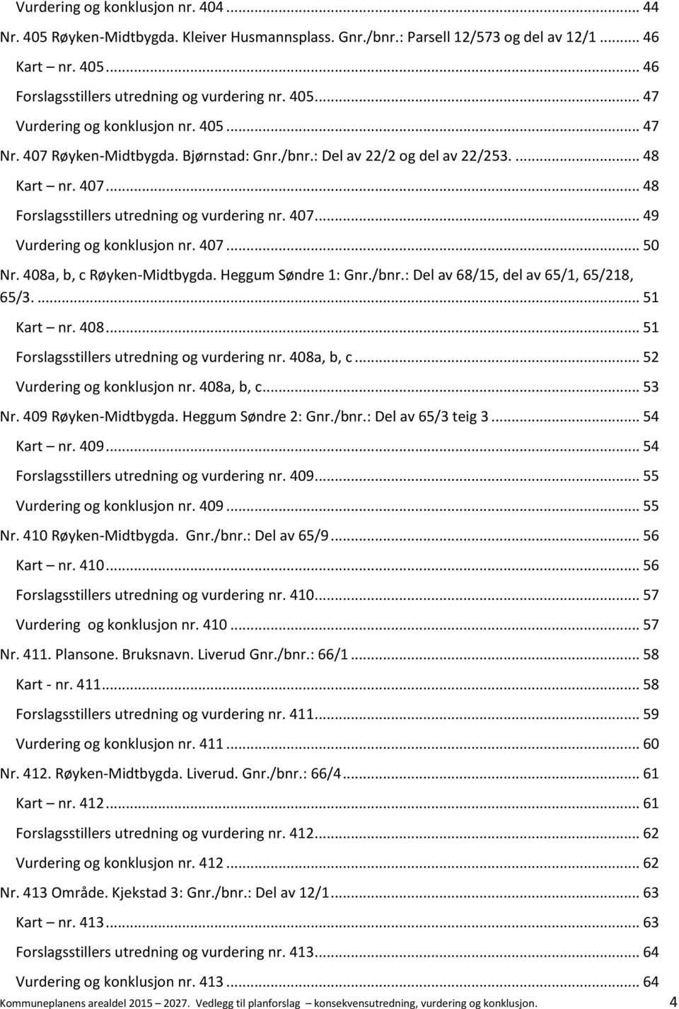 407... 50 Nr. 408a, b, c Røyken-Midtbygda. Heggum Søndre 1: Gnr./bnr.: Del av 68/15, del av 65/1, 65/218, 65/3.... 51 Kart nr. 408... 51 Forslagsstillers utredning og vurdering nr. 408a, b, c... 52 Vurdering og konklusjon nr.