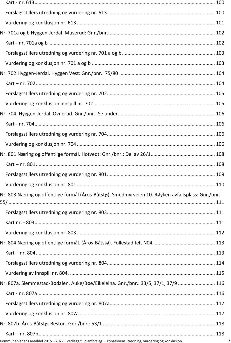 702... 105 Nr. 704. Hyggen-Jerdal. Ovnerud. Gnr./bnr.: Se under... 106 Kart - nr. 704... 106 Forslagsstillers utredning og vurdering nr. 704... 106 Vurdering og konklusjon nr. 704... 106 Nr.