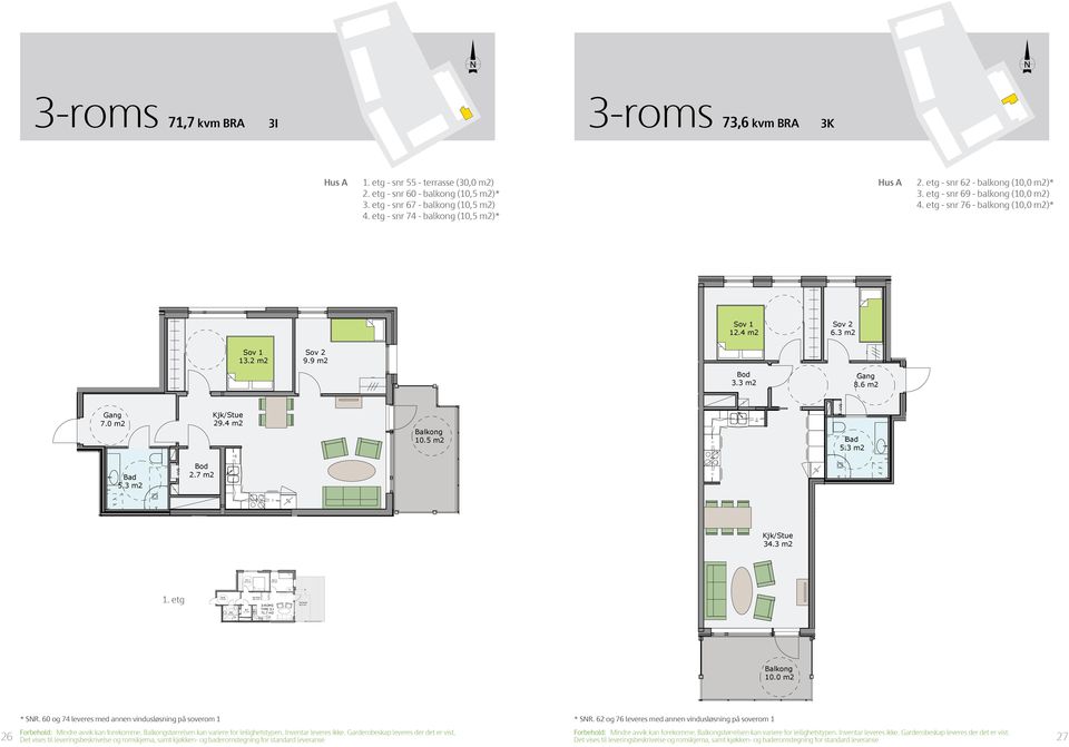 etg - snr 67 - balkong (10,5 m2) 4. etg - snr 74 - balkong (10,5 m2)* Hus A 2. etg - snr 62 - balkong (10,0 m2)* 3. etg - snr 69 - balkong (10,0 m2) 4. etg - snr 76 - balkong (10,0 m2)* 12.4 m2 6.