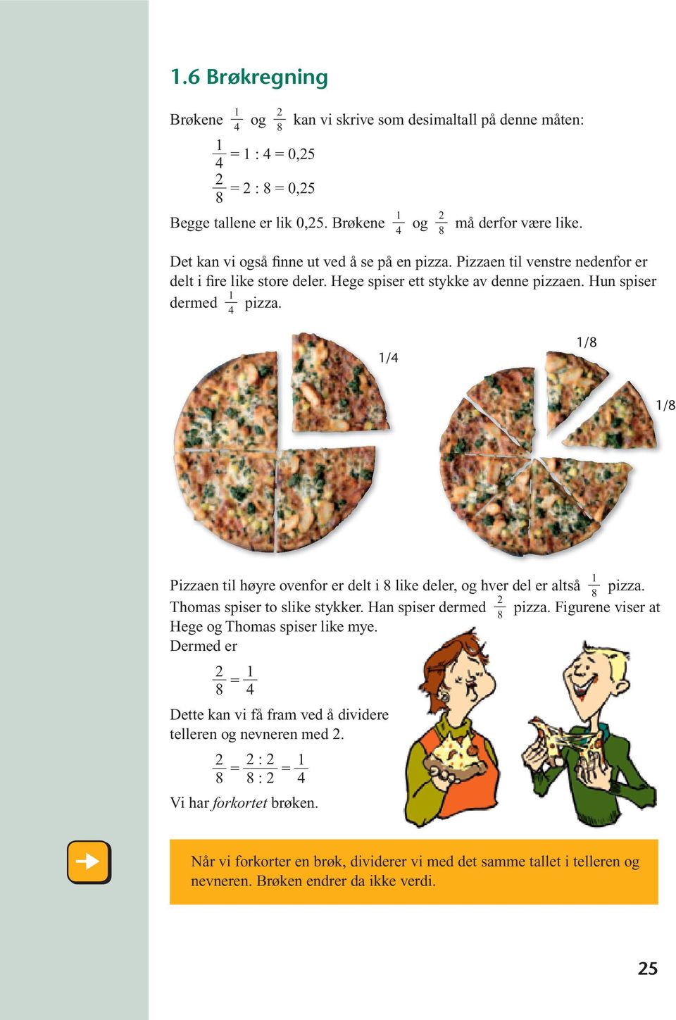 1/4 1/8 1/8 Pizzaen til høyre ovenfor er delt i 8 like deler, og hver del er altså 1 8 pizza. Thomas spiser to slike stykker. Han spiser dermed 2 pizza.