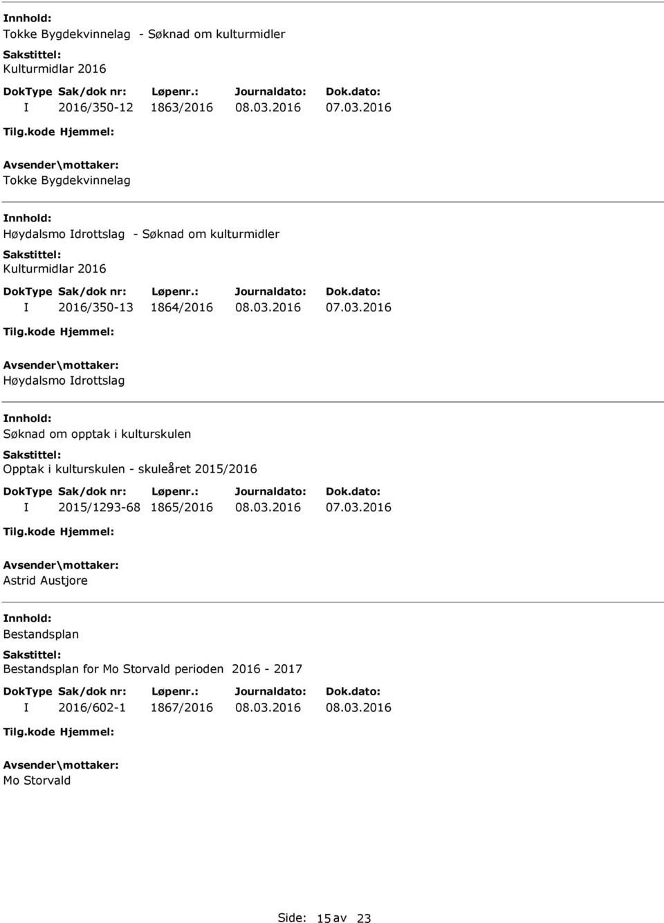 nnhold: Søknad om opptak i kulturskulen Opptak i kulturskulen - skuleåret 2015/2016 2015/1293-68 1865/2016 Astrid