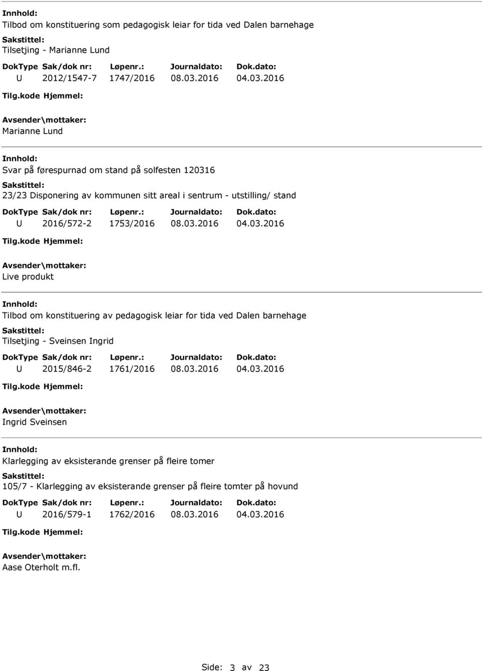 Tilbod om konstituering av pedagogisk leiar for tida ved Dalen barnehage Tilsetjing - Sveinsen ngrid 2015/846-2 1761/2016 ngrid Sveinsen nnhold: Klarlegging av