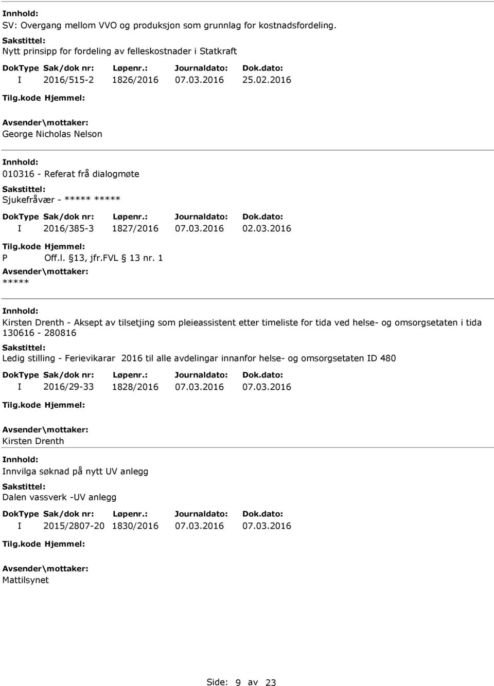 1 nnhold: Kirsten Drenth - Aksept av tilsetjing som pleieassistent etter timeliste for tida ved helse- og omsorgsetaten i tida 130616-280816 Ledig stilling - Ferievikarar