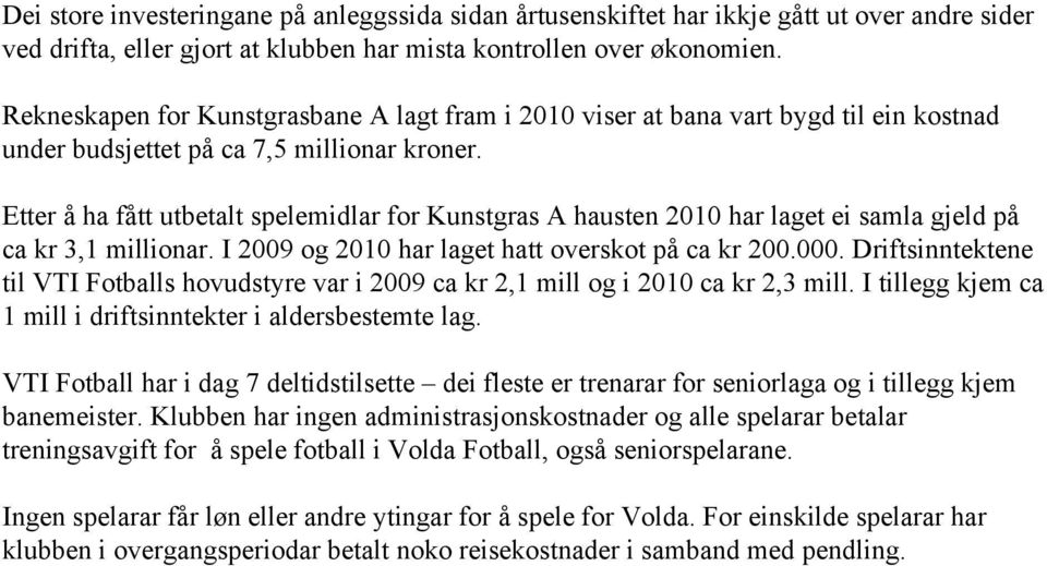 Etter å ha fått utbetalt spelemidlar for Kunstgras A hausten 2010 har laget ei samla gjeld på ca kr 3,1 millionar. I 2009 og 2010 har laget hatt overskot på ca kr 200.000.