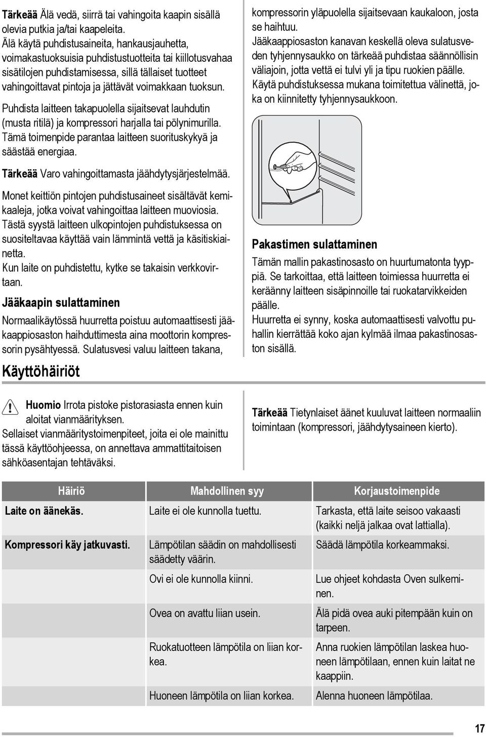 voimakkaan tuoksun. Puhdista laitteen takapuolella sijaitsevat lauhdutin (musta ritilä) ja kompressori harjalla tai pölynimurilla. Tämä toimenpide parantaa laitteen suorituskykyä ja säästää energiaa.