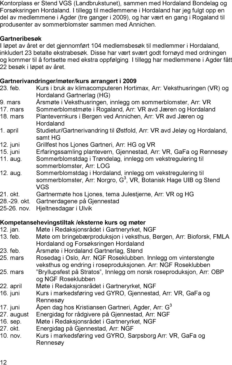 Gartneribesøk I løpet av året er det gjennomført 104 medlemsbesøk til medlemmer i Hordaland, inkludert 23 betalte ekstrabesøk.