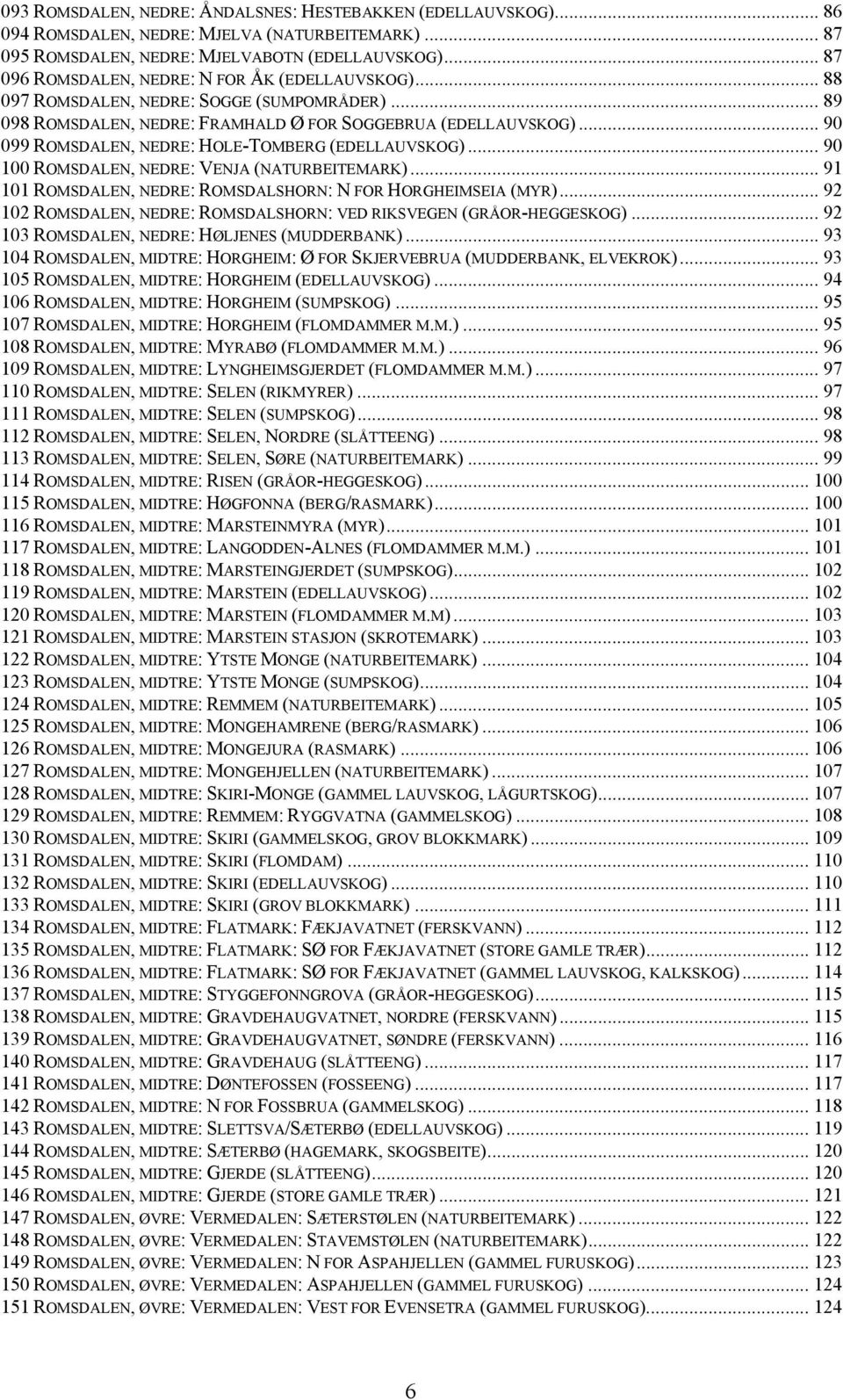 .. 90 099 ROMSDALEN, NEDRE: HOLE-TOMBERG (EDELLAUVSKOG)... 90 100 ROMSDALEN, NEDRE: VENJA (NATURBEITEMARK)... 91 101 ROMSDALEN, NEDRE: ROMSDALSHORN: N FOR HORGHEIMSEIA (MYR).