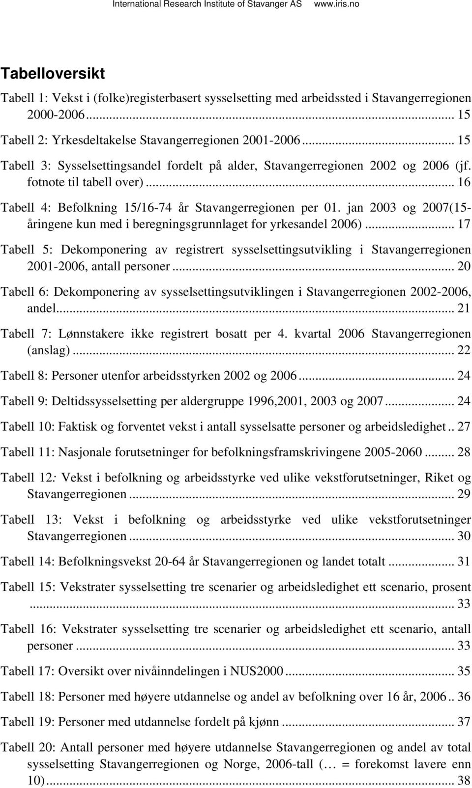 jan 2003 og 2007(15- åringene kun med i beregningsgrunnlaget for yrkesandel 2006)... 17 Tabell 5: Dekomponering av registrert sysselsettingsutvikling i Stavangerregionen 2001-2006, antall personer.