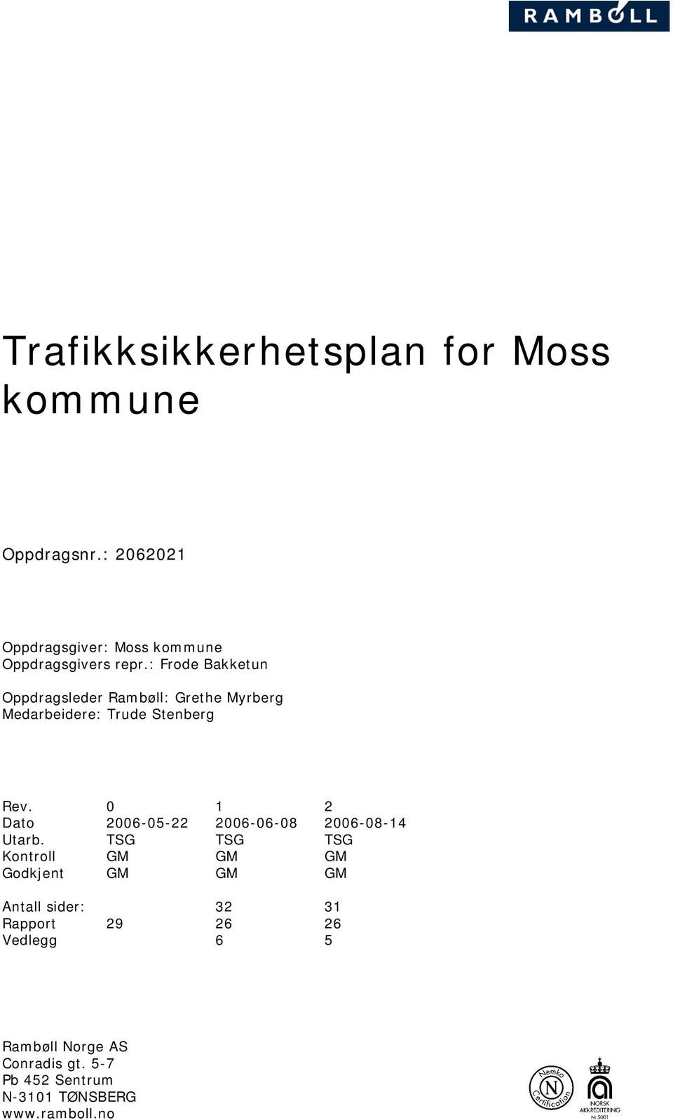 : Frode Bakketun Oppdragsleder Rambøll: Grethe Myrberg Medarbeidere: Trude Stenberg Rev.