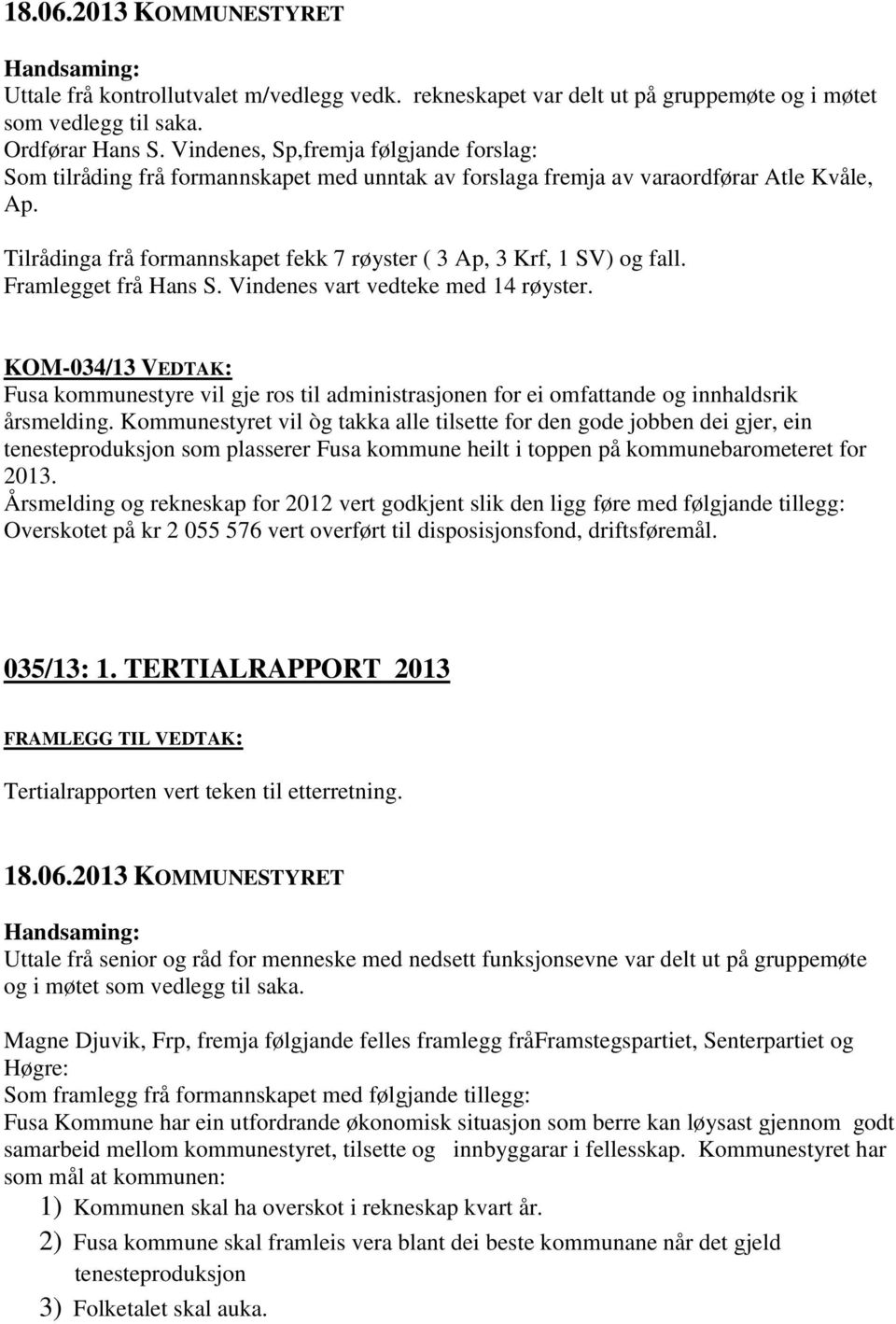 Tilrådinga frå formannskapet fekk 7 røyster ( 3 Ap, 3 Krf, 1 SV) og fall. Framlegget frå Hans S. Vindenes vart vedteke med 14 røyster.