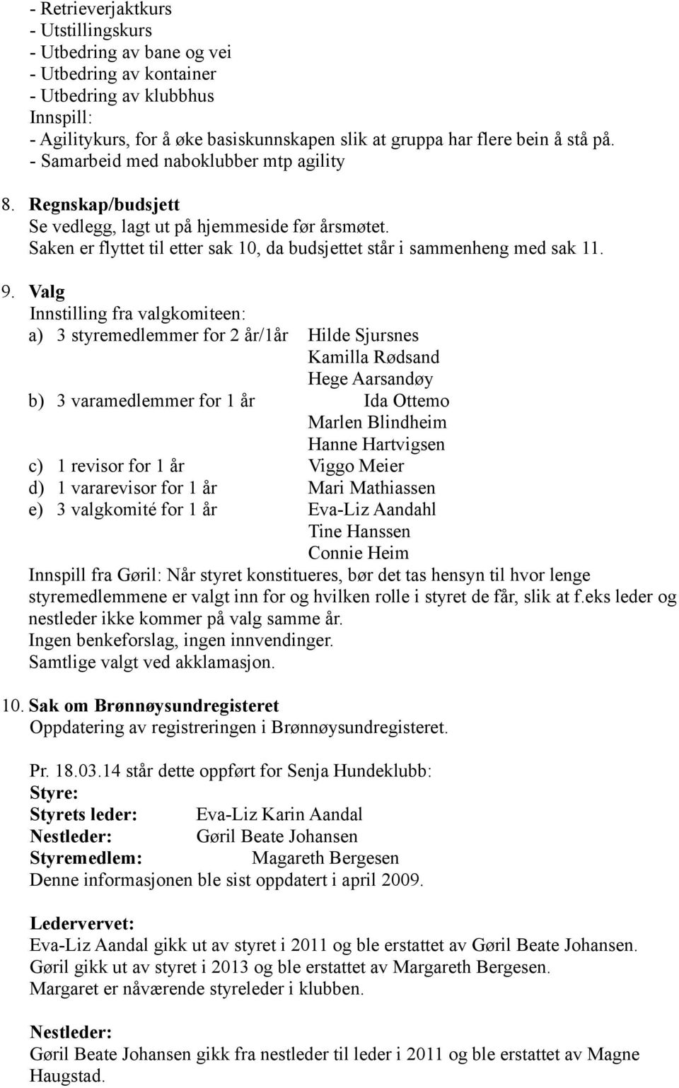 Valg Innstilling fra valgkomiteen: a) 3 styremedlemmer for 2 år/1år Hilde Sjursnes Kamilla Rødsand Hege Aarsandøy b) 3 varamedlemmer for 1 år Ida Ottemo Marlen Blindheim Hanne Hartvigsen c) 1 revisor