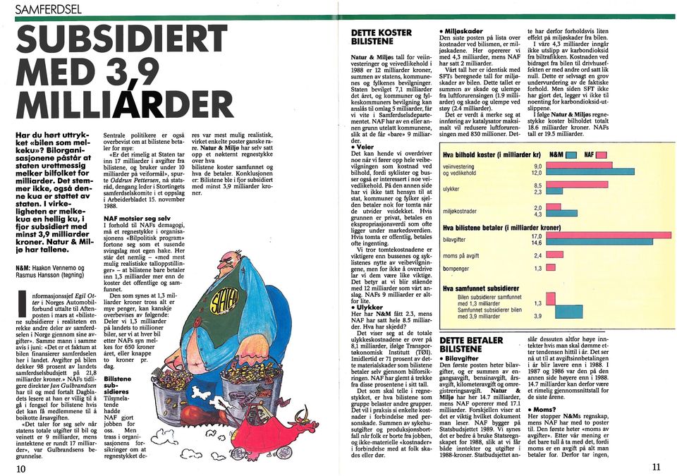 N&M: Haakon Vennemo og Rasmus Hansson (tegning) I nformasjonssjef Egil Ot ter i Norges Automobil forbund uttalte til Aften posten i mars at «biliste ne subsidierer i realiteten en rekke andre deler