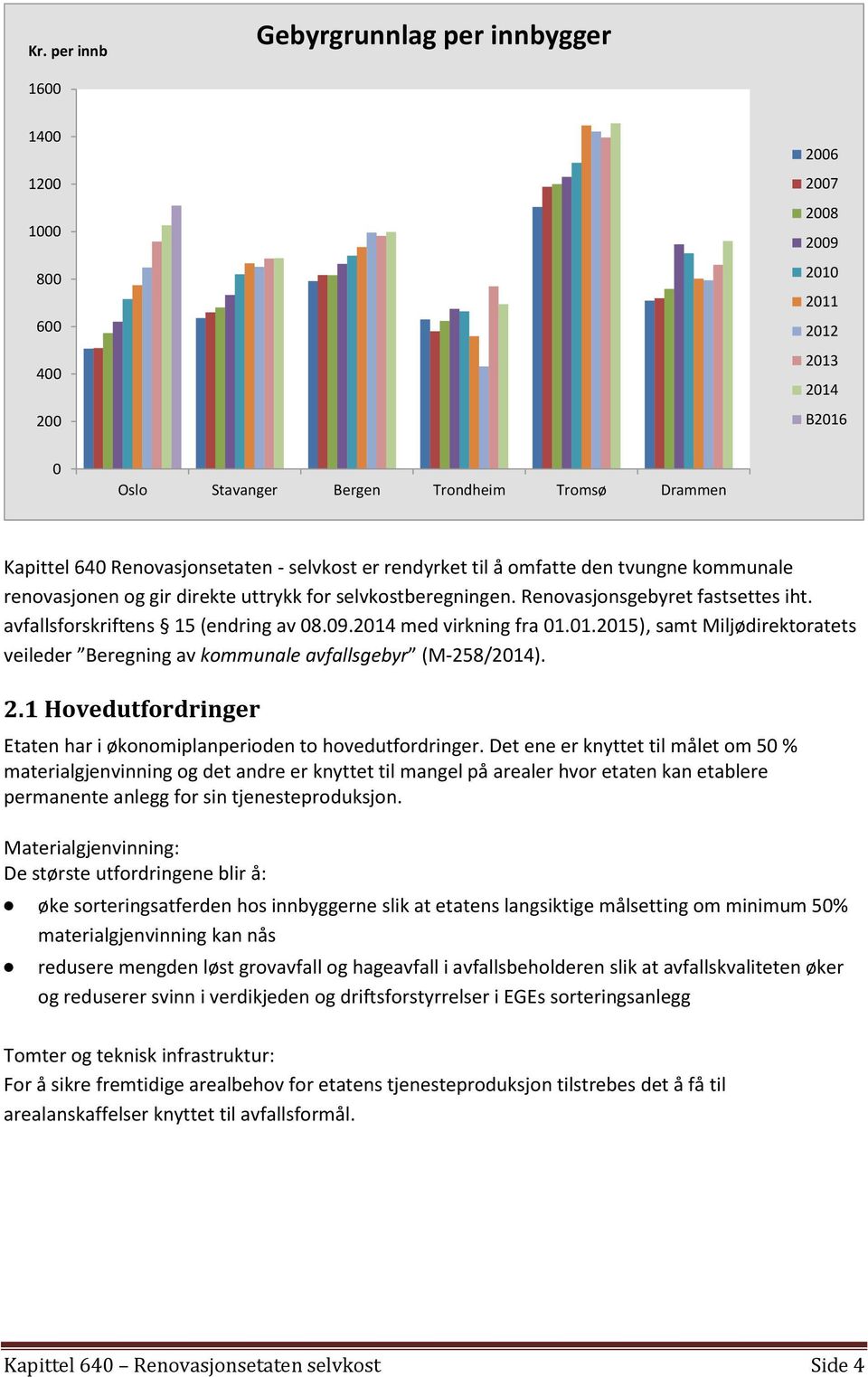 avfallsforskriftens 15 (endring av 08.09.2014 med virkning fra 01.01.2015), samt Miljødirektoratets veileder Beregning av kommunale avfallsgebyr (M-258/2014). 2.