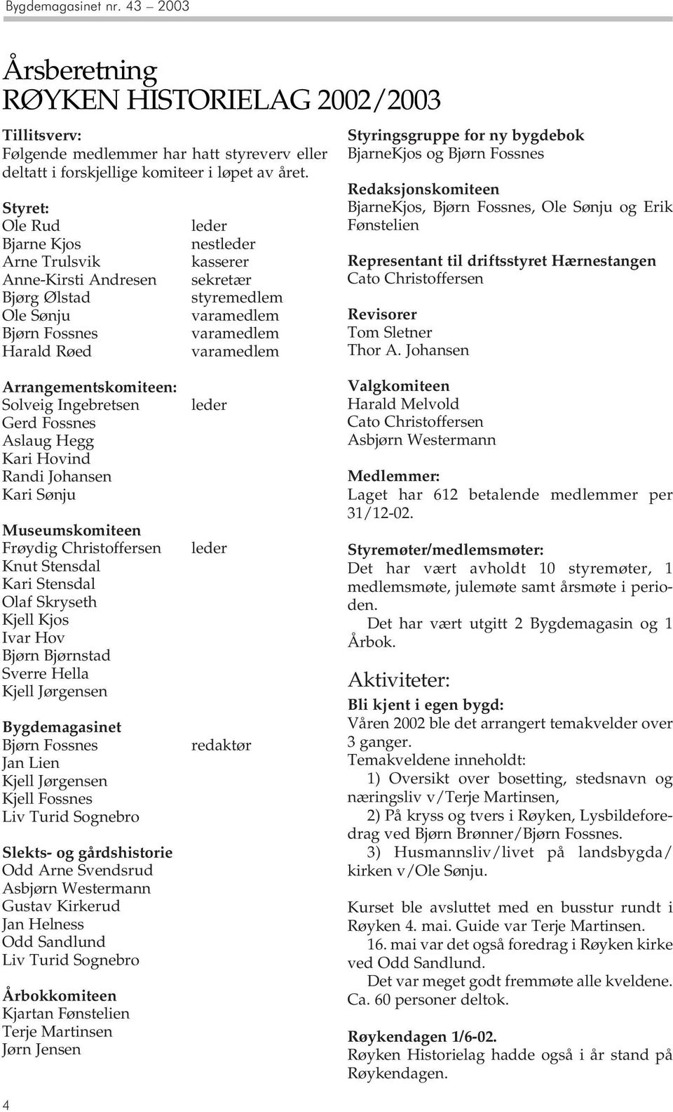 Styringsgruppe for ny bygdebok BjarneKjos og Bjørn Fossnes Redaksjonskomiteen BjarneKjos, Bjørn Fossnes, Ole Sønju og Erik Fønstelien Representant til driftsstyret Hærnestangen Cato Christoffersen