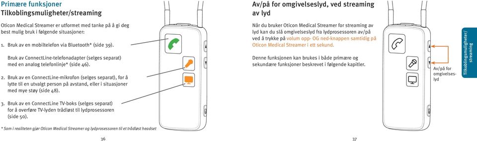 Bruk av en ConnectLine-mikrofon (selges separat), for å lytte til en utvalgt person på avstand, eller i situasjoner med mye støy (side 48).