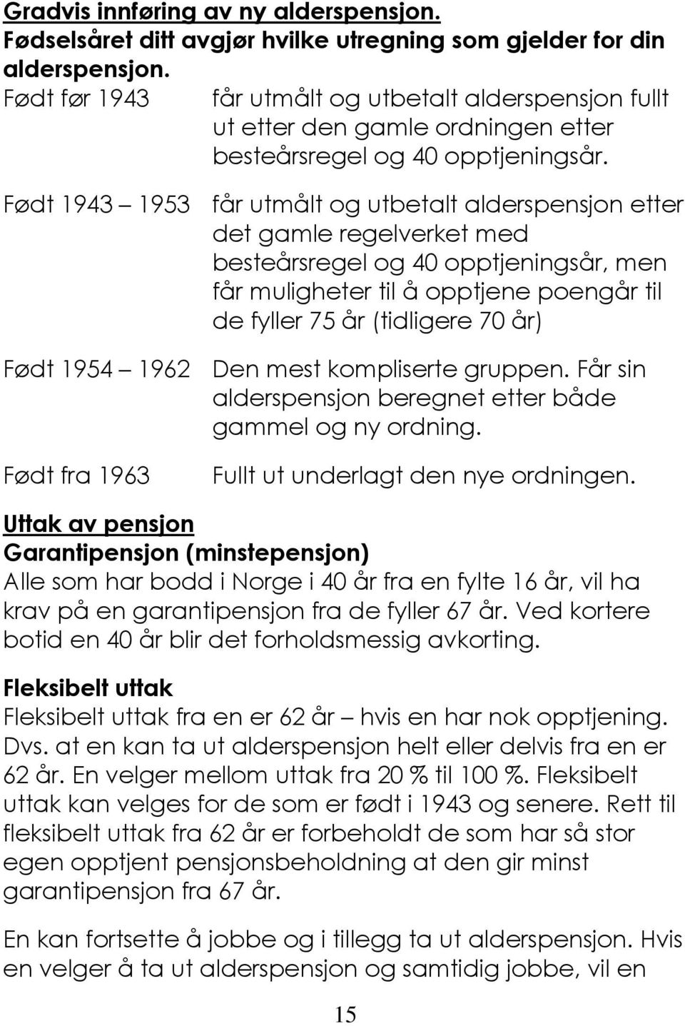 Født 1943 1953 får utmålt og utbetalt alderspensjon etter det gamle regelverket med besteårsregel og 40 opptjeningsår, men får muligheter til å opptjene poengår til de fyller 75 år (tidligere 70 år)