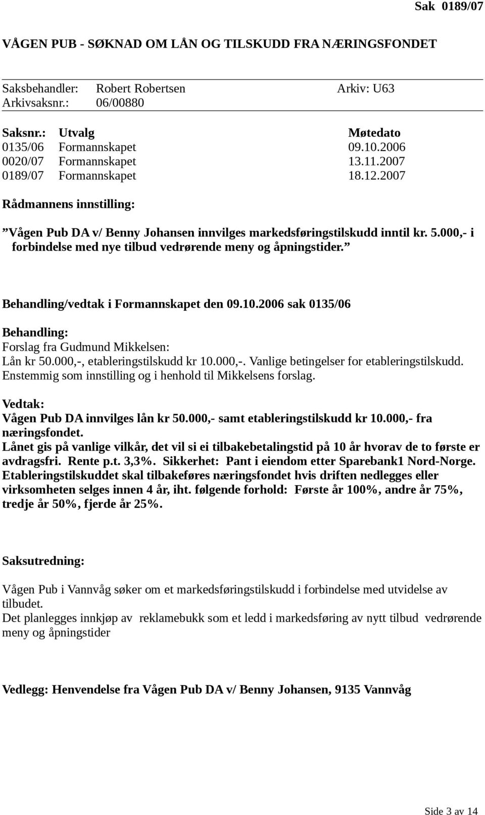 000,- i forbindelse med nye tilbud vedrørende meny og åpningstider. Behandling/vedtak i Formannskapet den 09.10.2006 sak 0135/06 Behandling: Forslag fra Gudmund Mikkelsen: Lån kr 50.