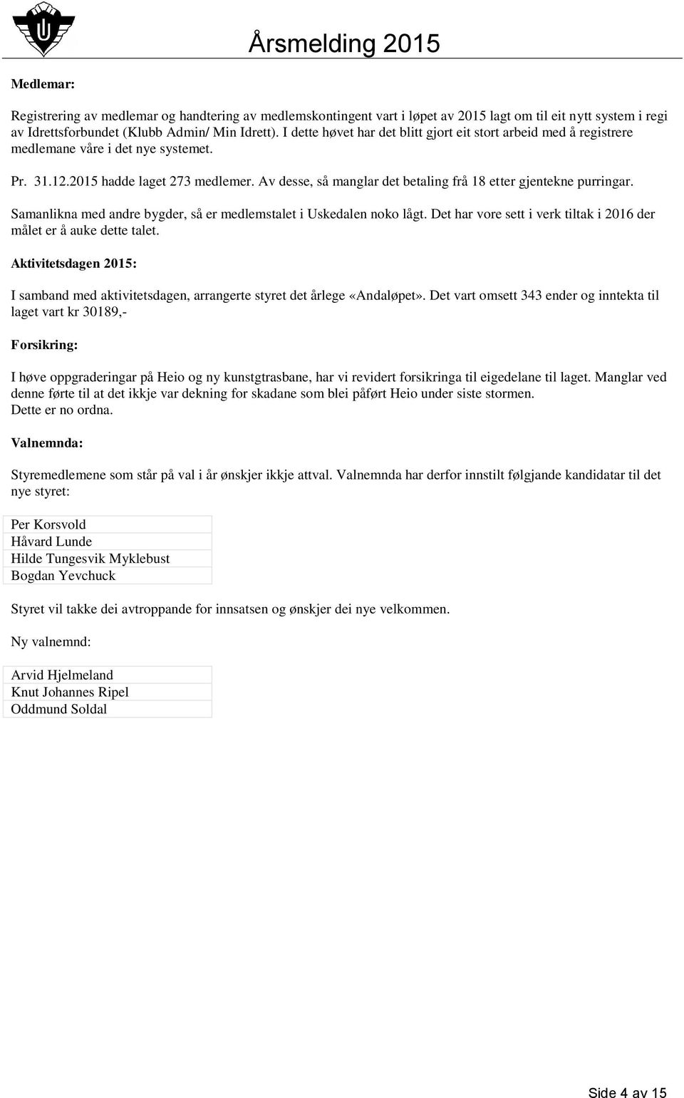 Av desse, så manglar det betaling frå 18 etter gjentekne purringar. Samanlikna med andre bygder, så er medlemstalet i Uskedalen noko lågt.