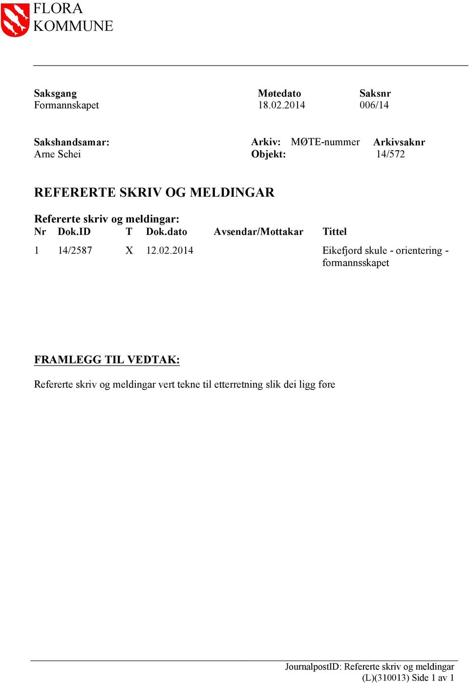 Refererte skriv og meldingar Nr Dok.ID T Dok.dato 1 14/2587 X 12.02.