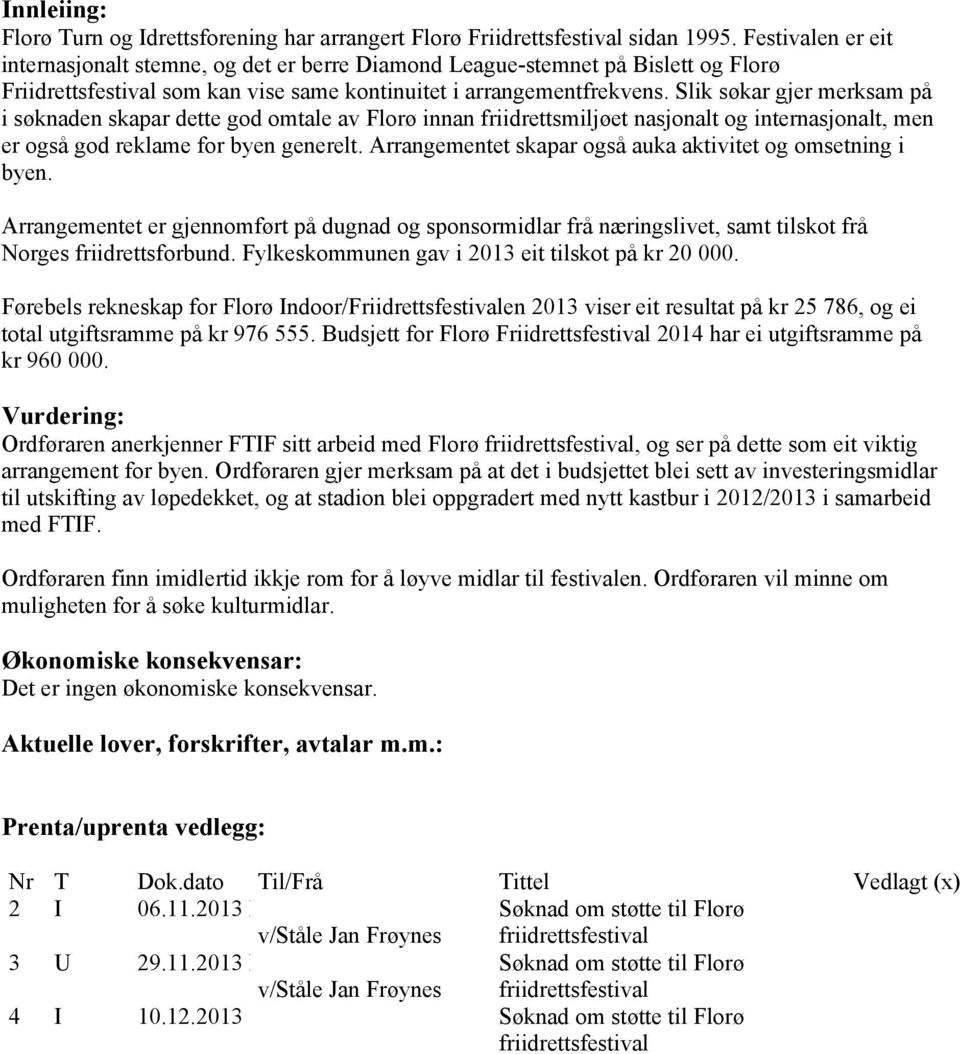 Slik søkar gjer merksam på i søknaden skapar dette god omtale av Florø innan friidrettsmiljøet nasjonalt og internasjonalt, men er også god reklame for byen generelt.