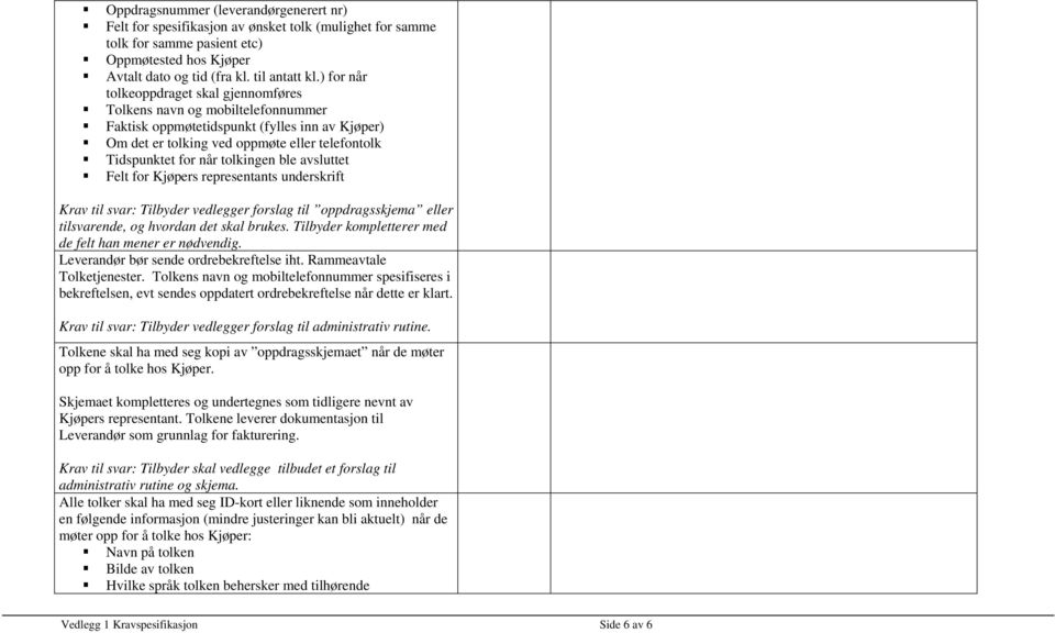 tolkingen ble avsluttet Felt for Kjøpers representants underskrift Krav til svar: Tilbyder vedlegger forslag til oppdragsskjema eller tilsvarende, og hvordan det skal brukes.