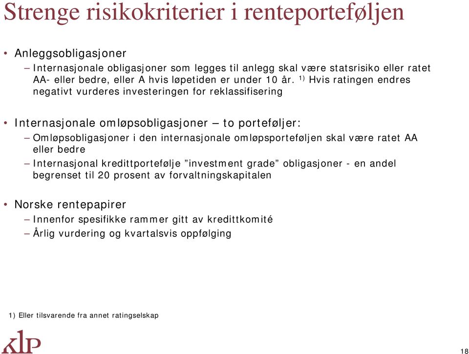 1) Hvis ratingen endres negativt vurderes investeringen for reklassifisering Internasjonale omløpsobligasjoner to porteføljer: Omløpsobligasjoner i den internasjonale